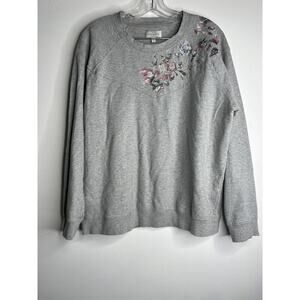 Lucky Brand Womens Pullover Crew Neck Sweater Shirt XL Gray Floral Embroidery